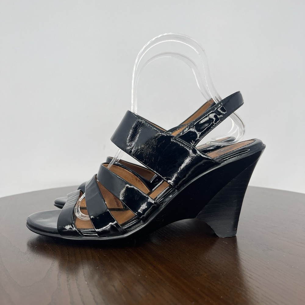 Sofft Sandal Women's 7M Black Patent Leather Comfort Strappy Heel Slingback Shoe